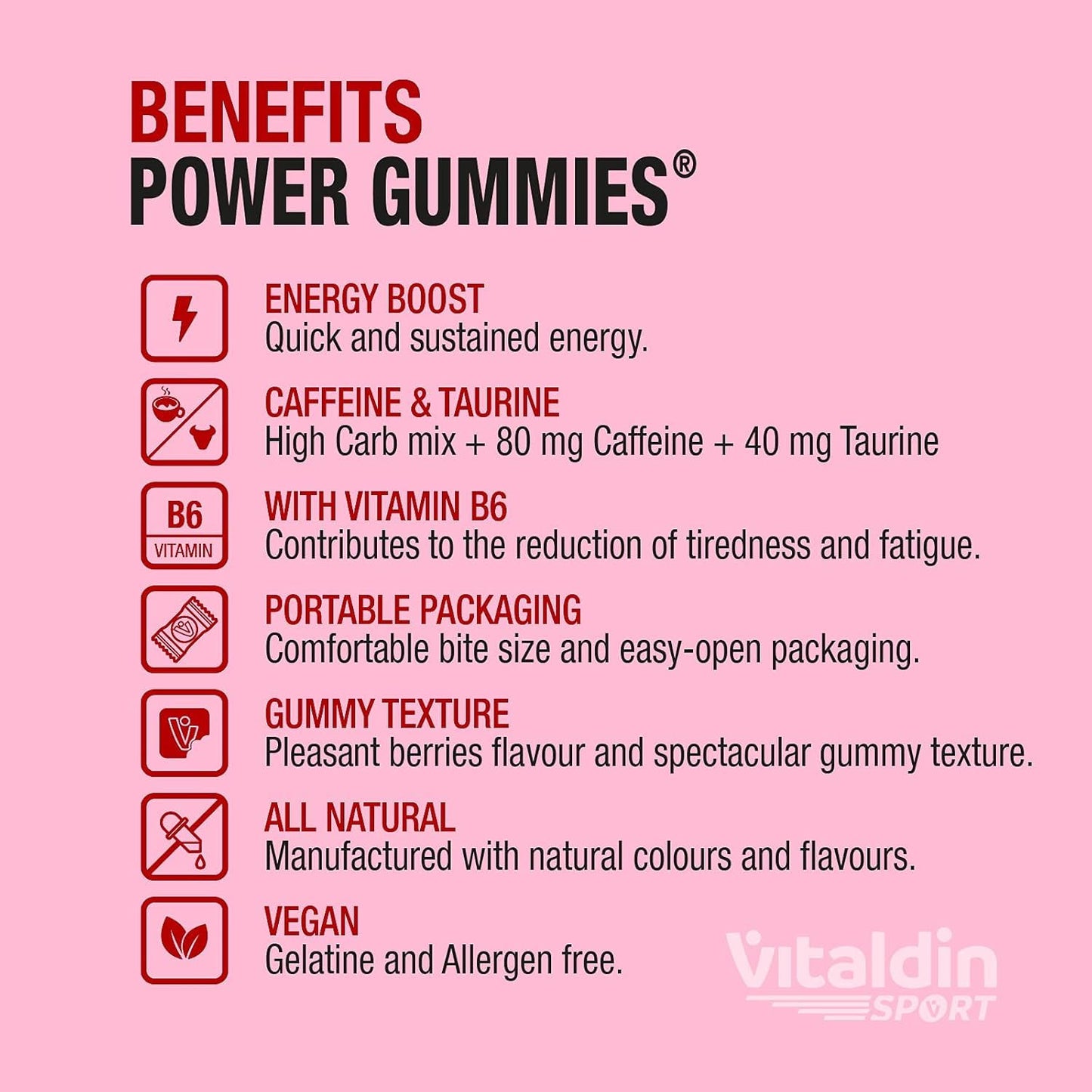 VITALDIN SPORT Power Gummies Caffeine & Taurine – 80 mg Cafeína, 40 mg Taurina por serving + Vitamina B6 – Doypack de 30 Bites de gominola – Sabor frutos rojos – Vegano