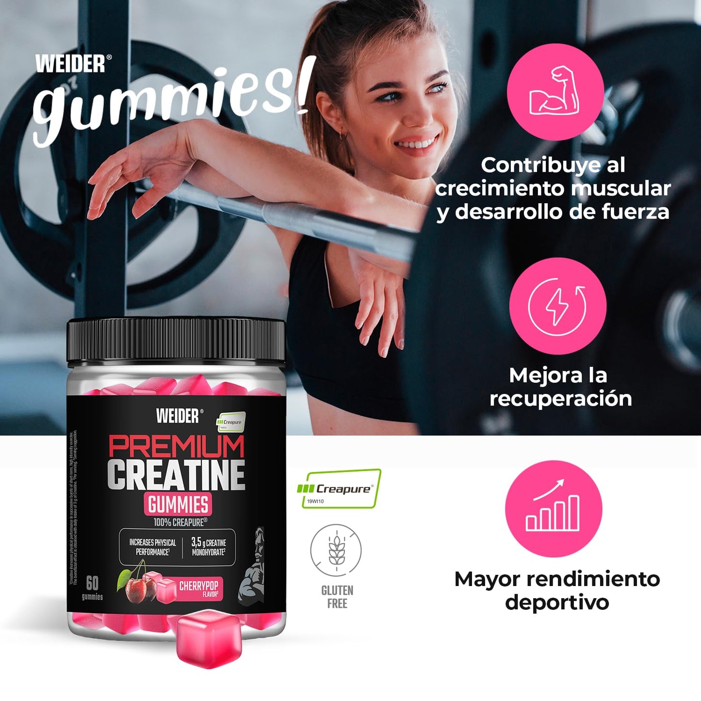 Weider Premium Creatine Gummies (60 gominolas) Sabor Cereza, con 3,5g creatina monohidrato 100% Creapure/porción, ayuda a aumentar el rendimiento físico (20 porciones)