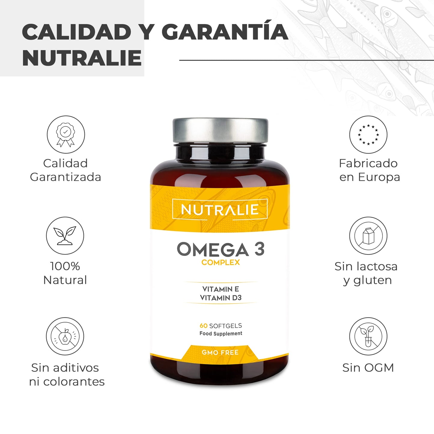 Omega 3 Cápsulas 2000mg Puro - DHA y EPA Alta Concentración - Aceite de Pescado Vitaminas D E - 60 Cápsulas Fish Oil Omega 3 Nutralie (Sin sabor)