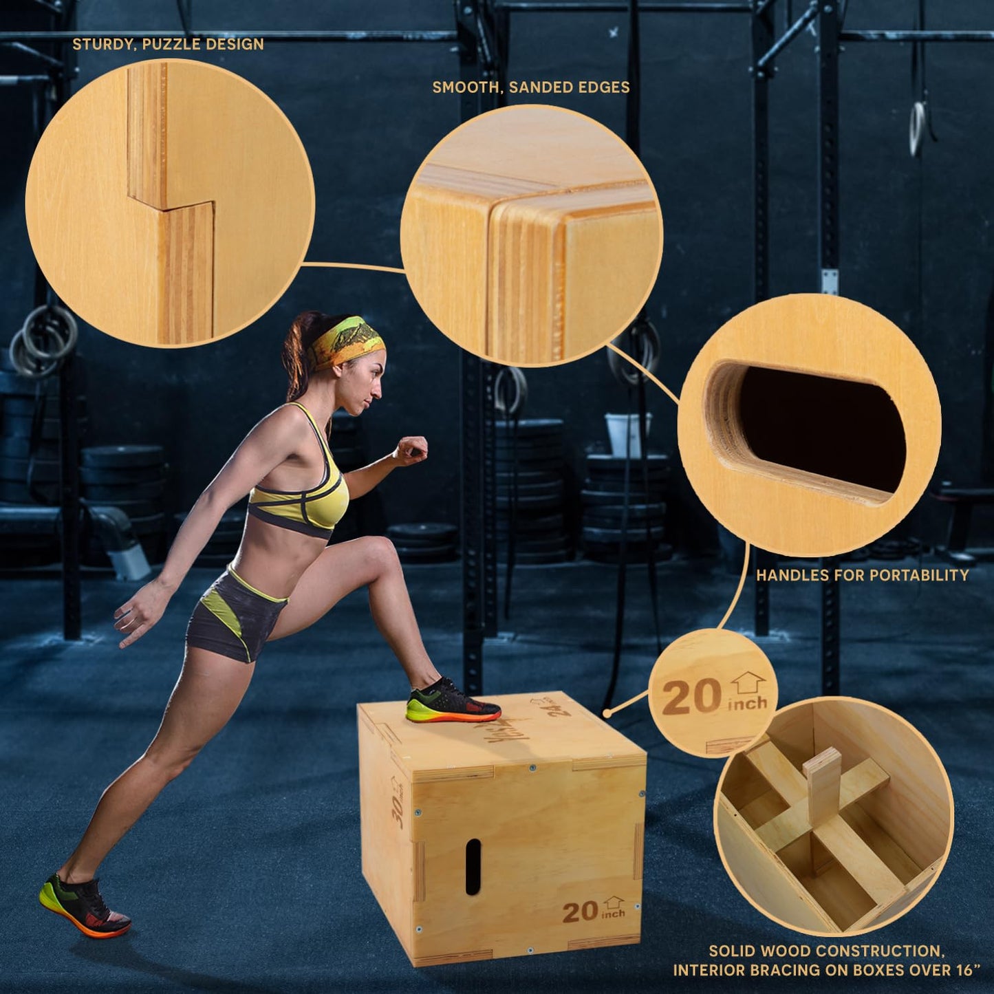 Yes4All W6P6 3 en 1 Caja Pliométrica de Madera 40,6 x 35,5 x 30,5 cm, Entrenamiento Pliométrico, Color Madera Clara, Caja de Salto