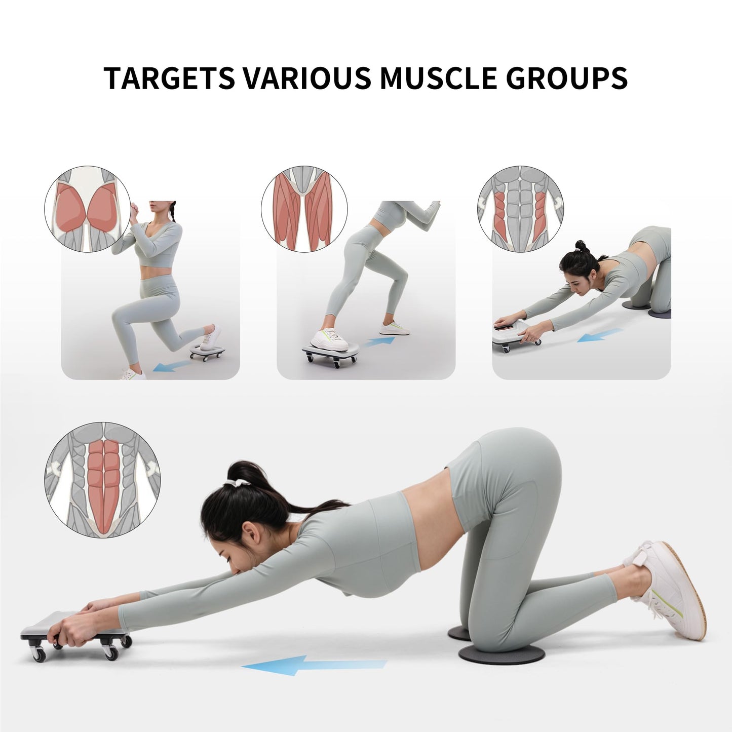 PROIRON Rueda Abdominal, 4 Ruedas Ejercitador Abdominal Placa Deslizante Multifunción, con Alfombrilla para Rodillas, para Ejercicio Abdominales en Casa y Gimnasio, Gris