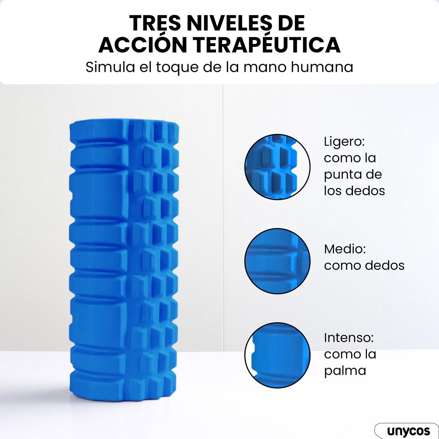 unycos - Rodillo para Masajes Musculares【33x14 cm】Cilindro de Espuma Dura para Fitness, Terapia con Foam Roller | Herramienta de Automasaje para Mayor Recuperación y Flexibilidad (Azul Oscuro)
