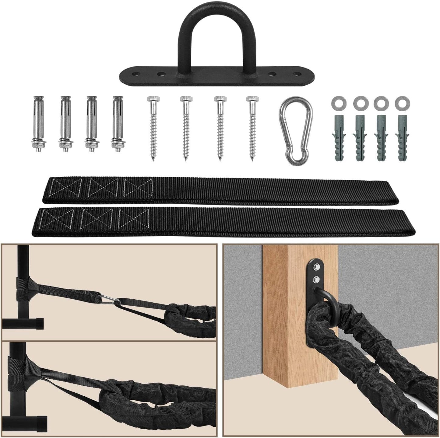 Yes4All Cuerda de entrenamiento para ejercicios de batalla con cubierta protectora, anclaje de acero y correa incluida, 38 mm/50 mm de diámetro, Poly Dacron, 9 m, 12 m, 15 m de longitud (38 mm - 12 m)