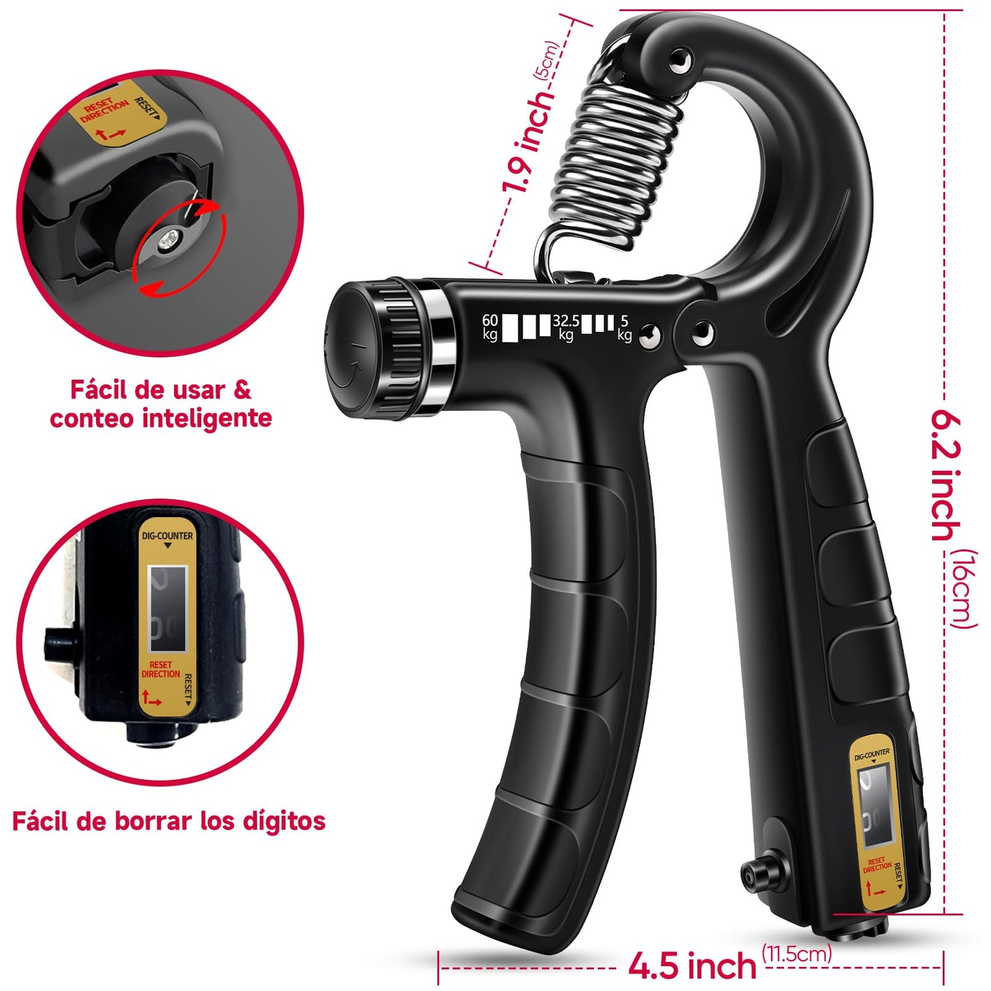 Kit de Entrenamiento para Fortalecer Agarre FitBeast 5 Piezas, 2 Resistencia Ajustable para Antebrazo, Estirador de Dedos, Anillo de Agarre y Bola de Alivio Estrés para Atletas, Negro