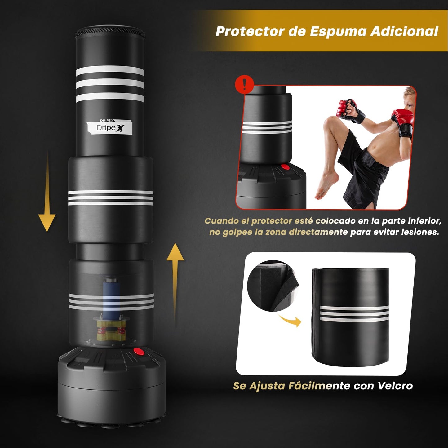 Dripex Saco de Boxeo de Pie para Adultos, Compañero de Boxeo de MMA, Entrenador de Boxeo, Resistente, con Base de Succión, Rellenable de Arena 80kg /Agua 60kg Aprox (con Protector)