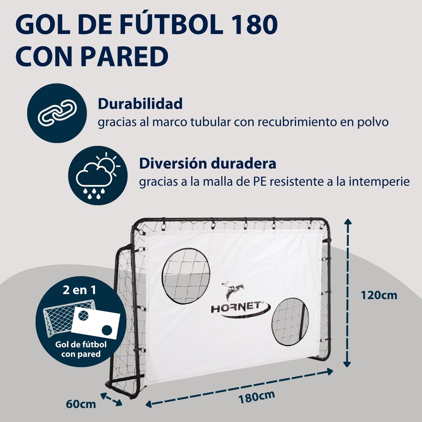 HUDORA Portería de Fútbol Hornet 180 con Pared Goal - Portería de fútbol al Aire Libre para niños y Adultos - Portería con Red Desmontable y Dos Agujeros Reforzados