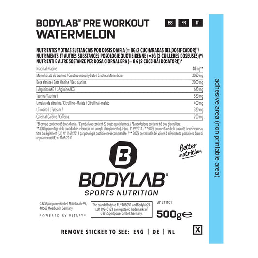 Bodylab24 Concentrated Pre-Workout Booster Sandías 500g, potenciador de energía con creatina, beta-alanina, arginina, niacina y cafeína, para más potencia y energía durante los entrenamientos