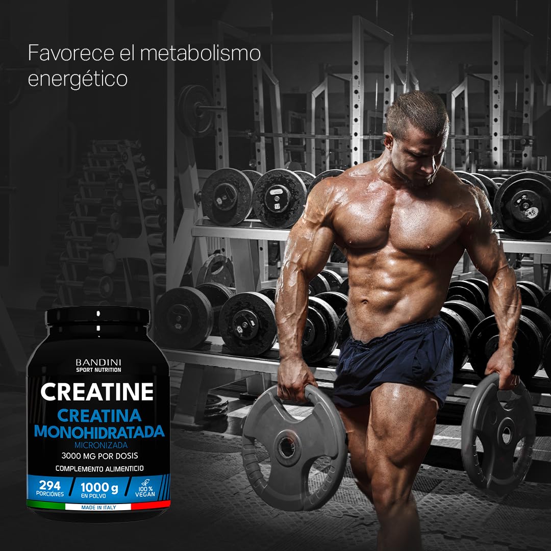 Bandini® Creatina Monohidratada en Polvo 1kg/1000g Pura - Para mejorar el Rendimiento y la Potencia Muscular - A base de Monohidrato de Creatina - Suplemento sin aditivos - 100% vegano
