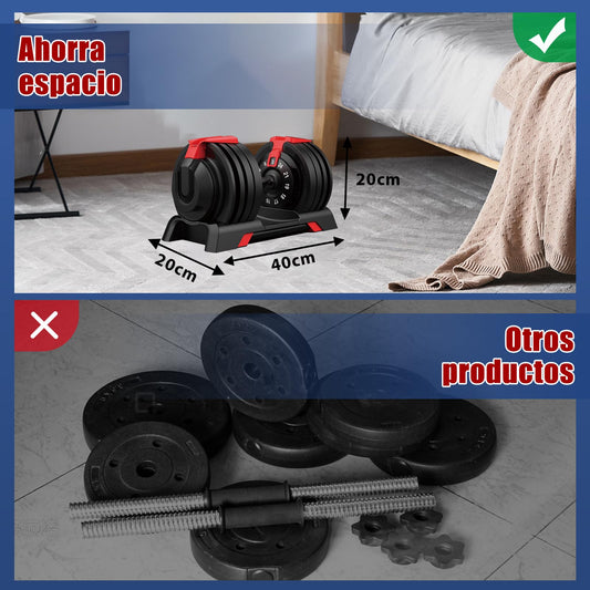 DH FitLife Mancuernas Ajustables 18kg/24kg con Base de Almacenamiento, Juego de Pesas Compactas 12 en 1 para Culturismo y Entrenamiento - Diseño Ahorra Espacio, para Hombre y Mujer (Negro - 24kg X 2)
