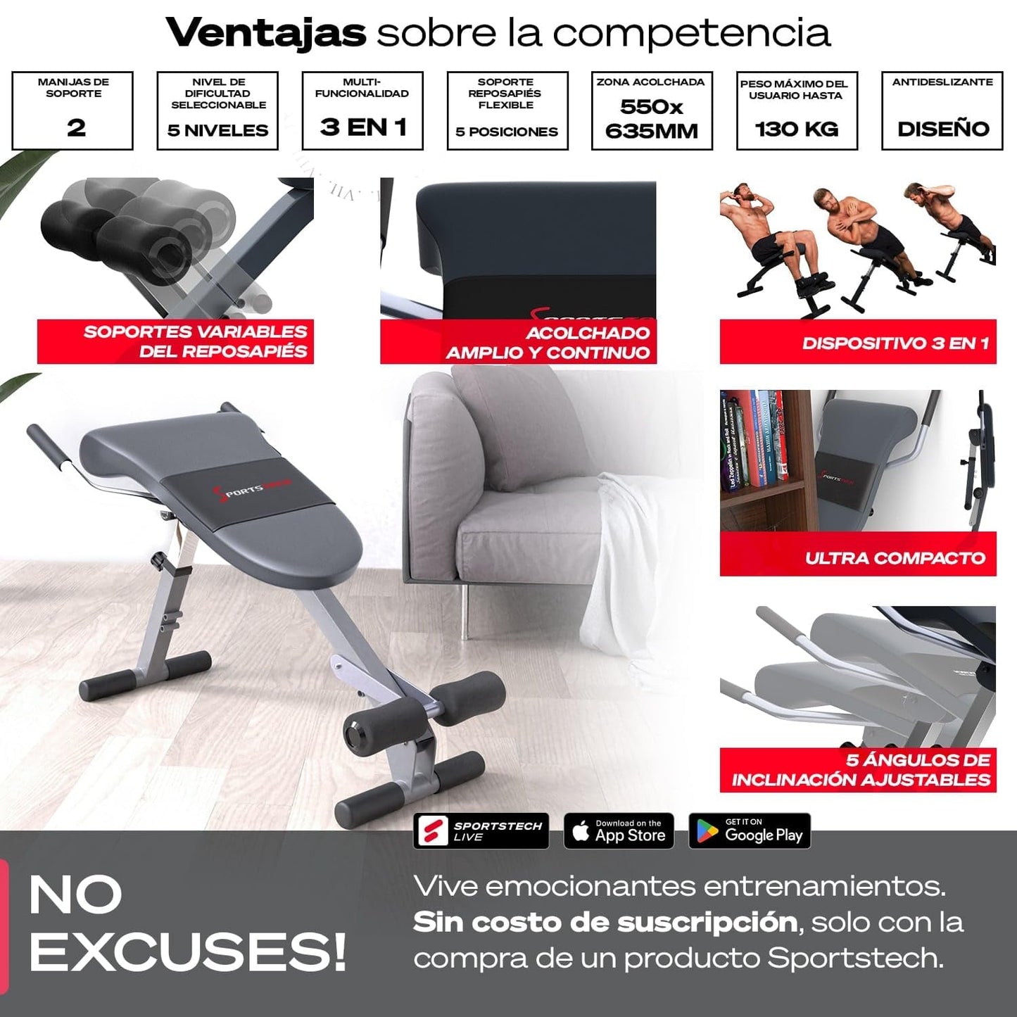 SPORTSTECH BRT200 Entrenador de Espalda y Abdomen 3en1 Patentado propio con innovador diseño antideslizante; Plegable; Multifuncional con acolchado ergonómico; Plegado fácil. (BRT200)