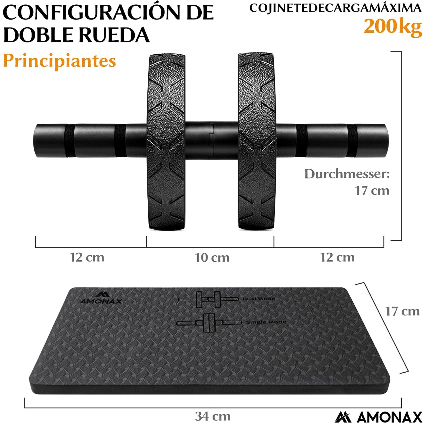 Amonax - Rodillo de rueda para abdominales con alfombrilla grande para ejercitar abdominales, doble rueda con modos de entrenamiento de fuerza dual en el gimnasio en casa (Negro)