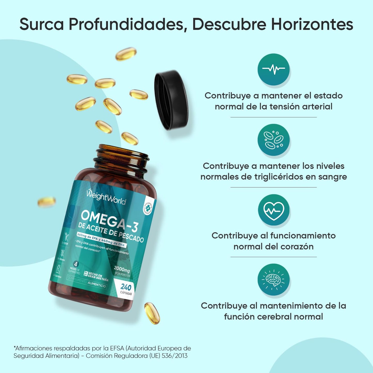 Omega 3 2000mg - 240 Perlas de Aceite de Pescado (660mg EPA + 440mg DHA) - Ácidos Grasos de Omega 3 para 4 Meses, Sin OGM
