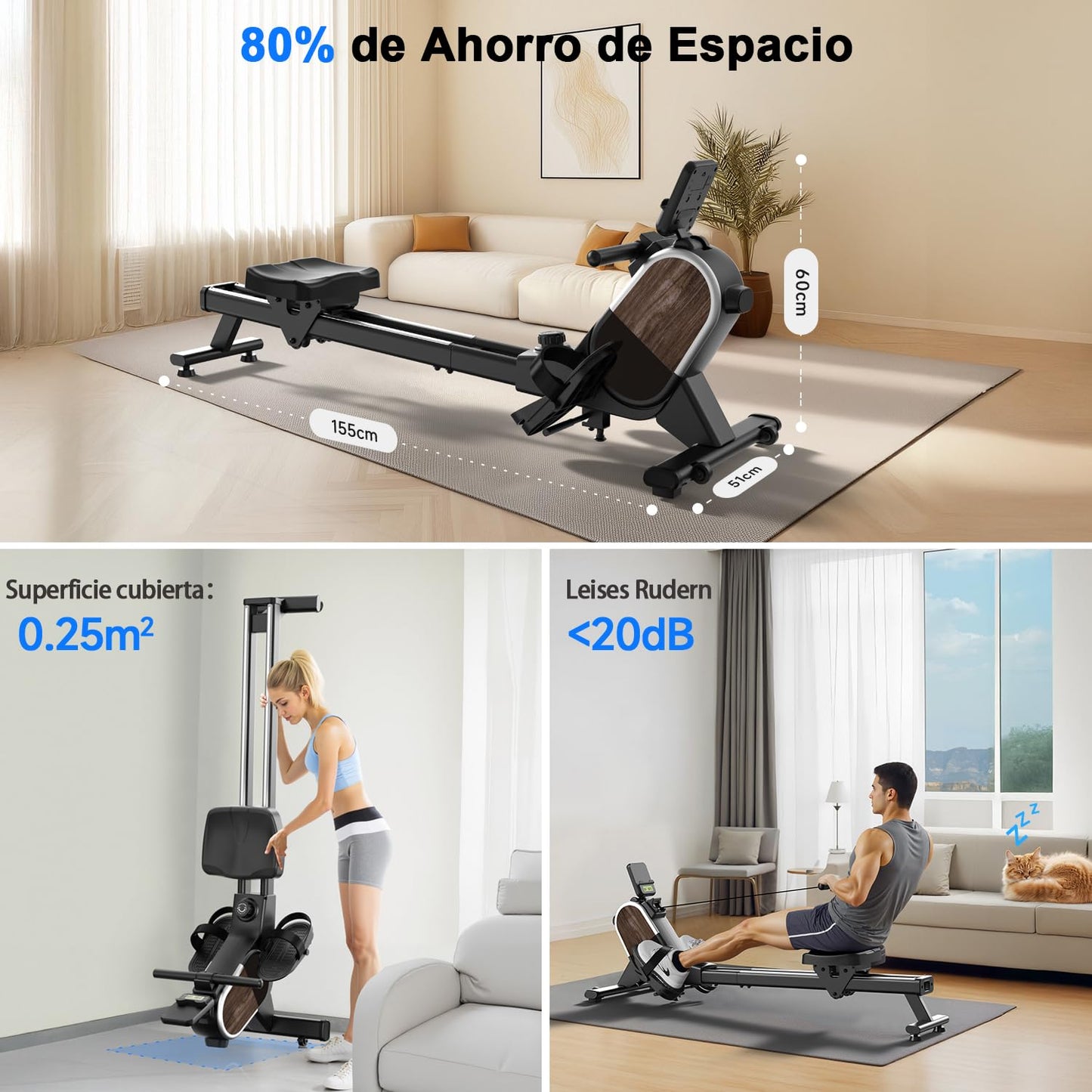 CHAOKE Maquina de Remo para Casa, Pistas Dobles Ultra Silenciosas y Estables,16 Niveles de Resistencia Magnético con App, Bluetooth y Pantalla LCD, Soporta hasta 160 KG, Fitness en Interiores