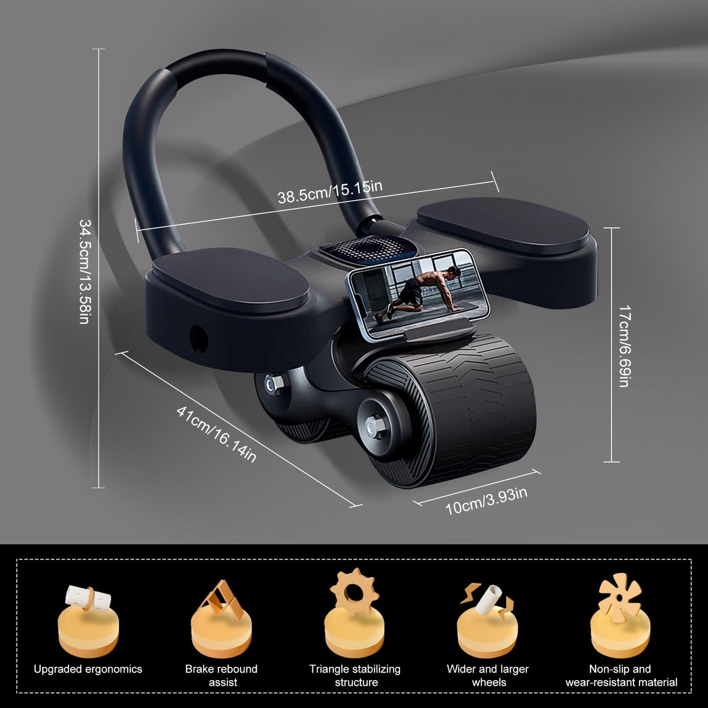 Rueda Abdominal de Rebote Automático, Rodillo de Rueda para Abdominales con Soporte de Codos, AB Roller Doble Rueda para Entrenador en Casa