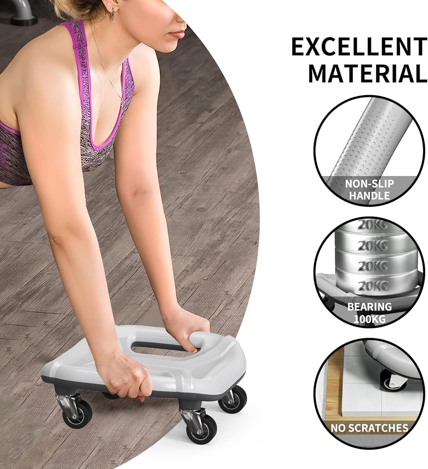 PROIRON Rueda Abdominal, 4 Ruedas Ejercitador Abdominal Placa Deslizante Multifunción, con Alfombrilla para Rodillas, para Ejercicio Abdominales en Casa y Gimnasio, Gris