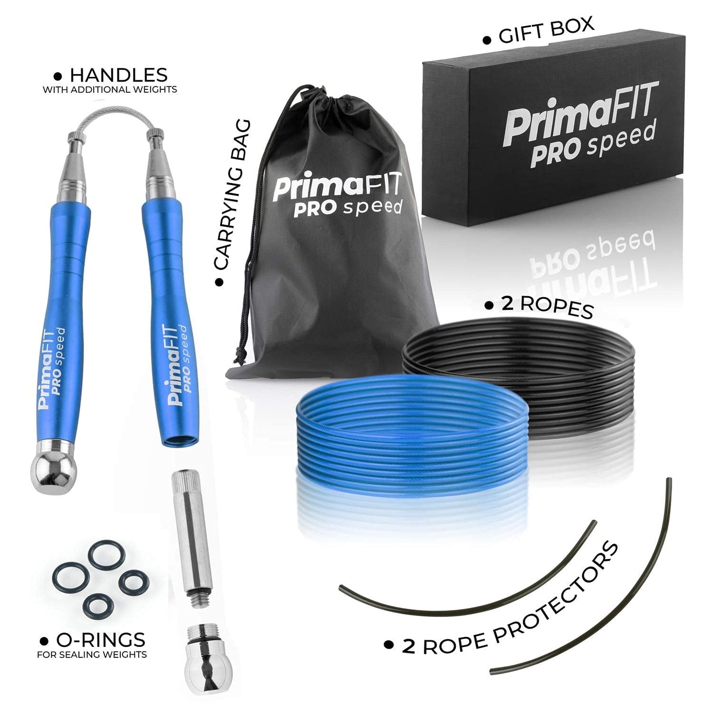 PrimaFIT Pro Speed Cuerda Saltar, Comba Crossfit Hombre y Mujer de Alta Velocidad para Boxeo y Fitness - Mango de Aluminio, Autoajustable, Rodamientos de Rápidos, 2 Lastres, Cable de Repuesto, Bolsa