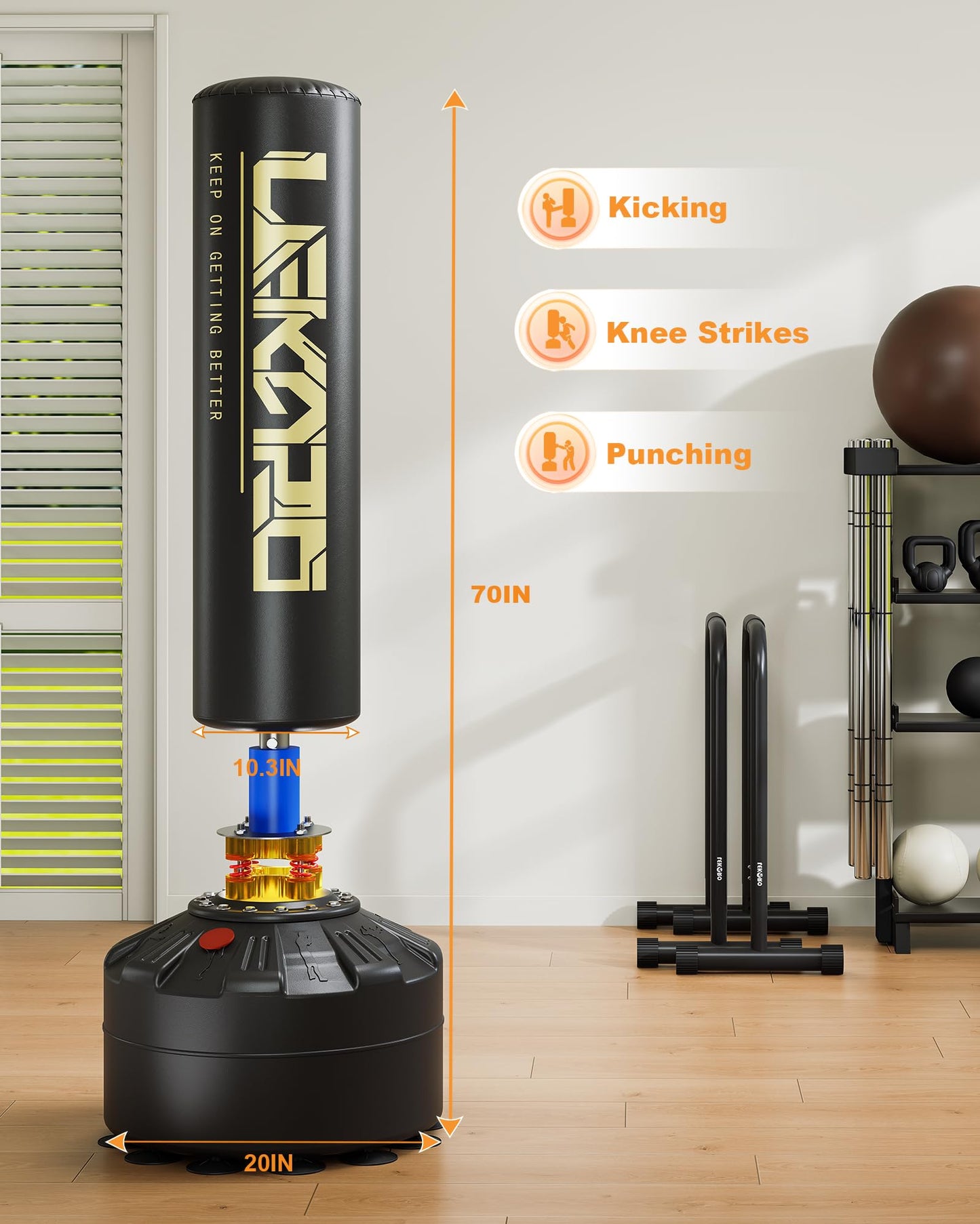 Saco de Boxeo de Pie para Adultos, Fitness Boxeo Saco de Arena, con Base de Succión, Fitness en casa (Oro Negro)