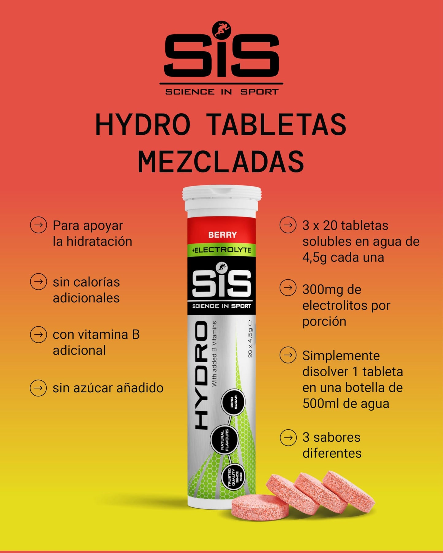 Science in Sport HYDRO comprimidos 3x20 uds. 3 sabores - Comprimidos de electrolitos, Veganos, Comprimidos para promover la hidratación y el equilibrio electrolítico (El embalaje puede variar)