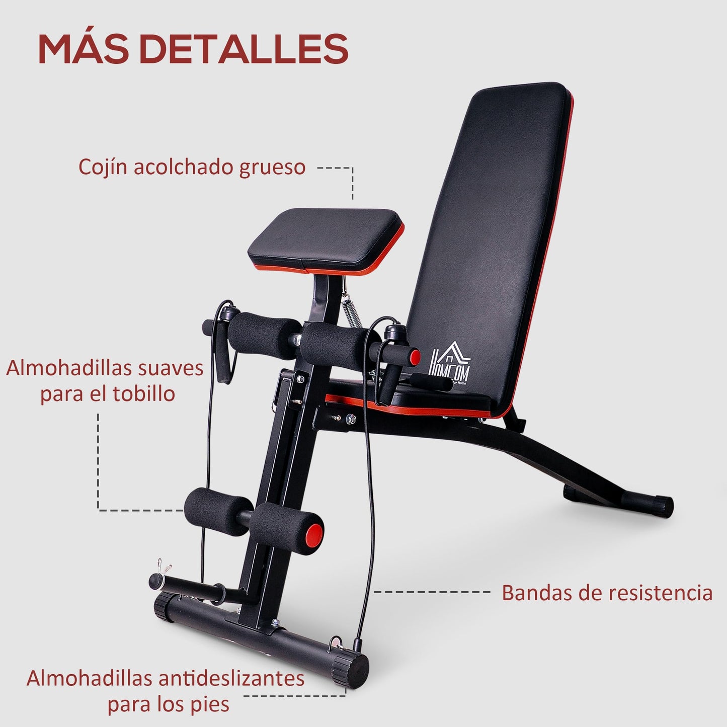 HOMCOM Banco de Pesas Banco de Musculación Respaldo Inclinable de 7 Niveles y Extensión de Pierna Cojín de Predicador y Banda de Resistencia para Entrenamiento Completo Gimnasia en Casa