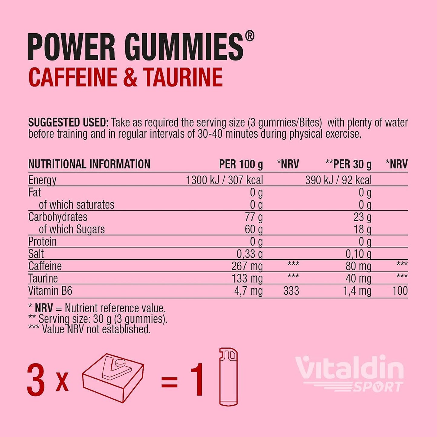 VITALDIN SPORT Power Gummies Caffeine & Taurine – 80 mg Cafeína, 40 mg Taurina por serving + Vitamina B6 – Doypack de 30 Bites de gominola – Sabor frutos rojos – Vegano