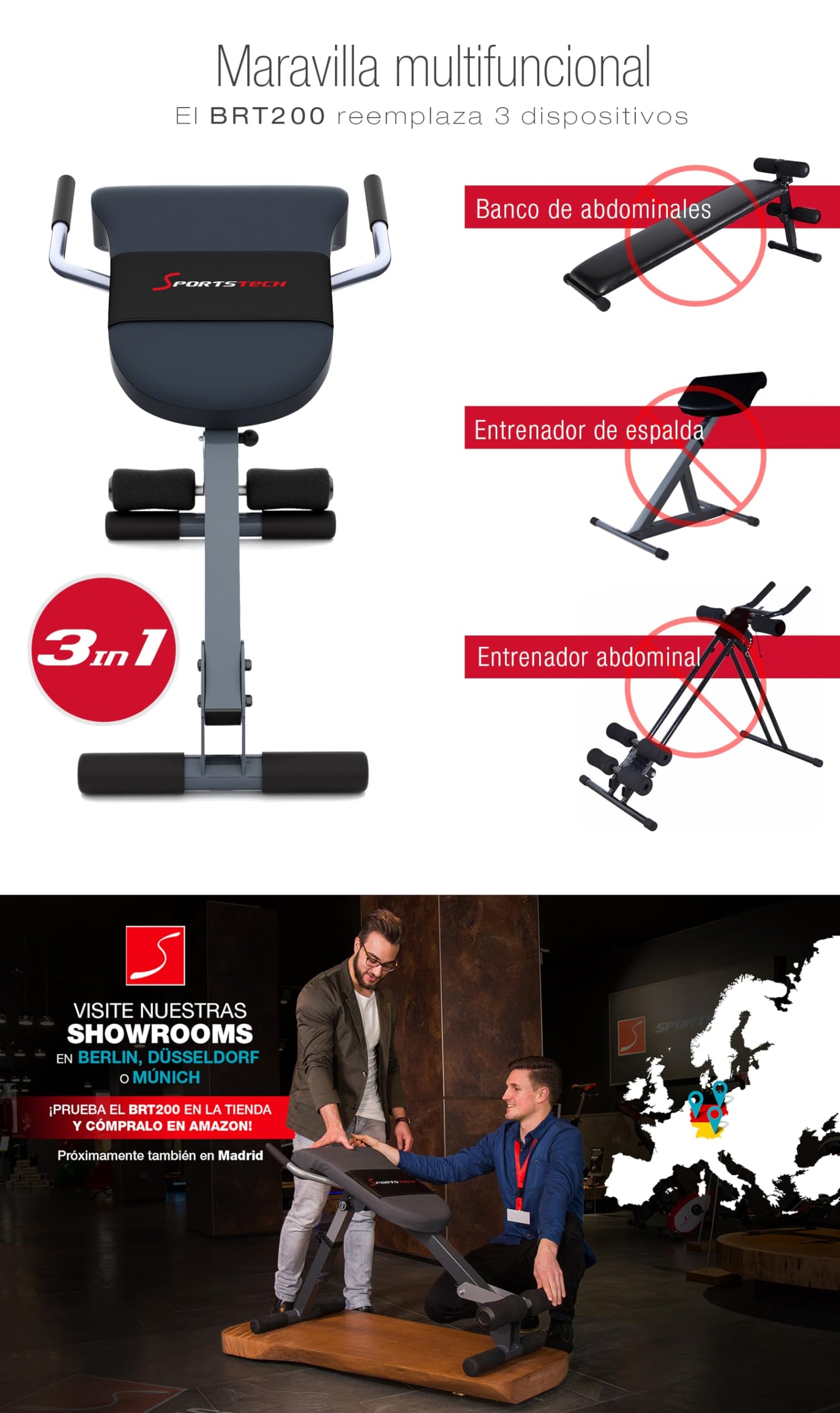 SPORTSTECH BRT200 Entrenador de Espalda y Abdomen 3en1 Patentado propio con innovador diseño antideslizante; Plegable; Multifuncional con acolchado ergonómico; Plegado fácil. (BRT200)