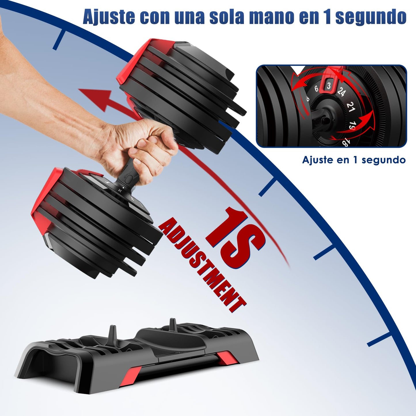 DH FitLife Mancuernas Ajustables 18kg/24kg con Base de Almacenamiento, Juego de Pesas Compactas 12 en 1 para Culturismo y Entrenamiento - Diseño Ahorra Espacio, para Hombre y Mujer (Negro - 24kg X 2)