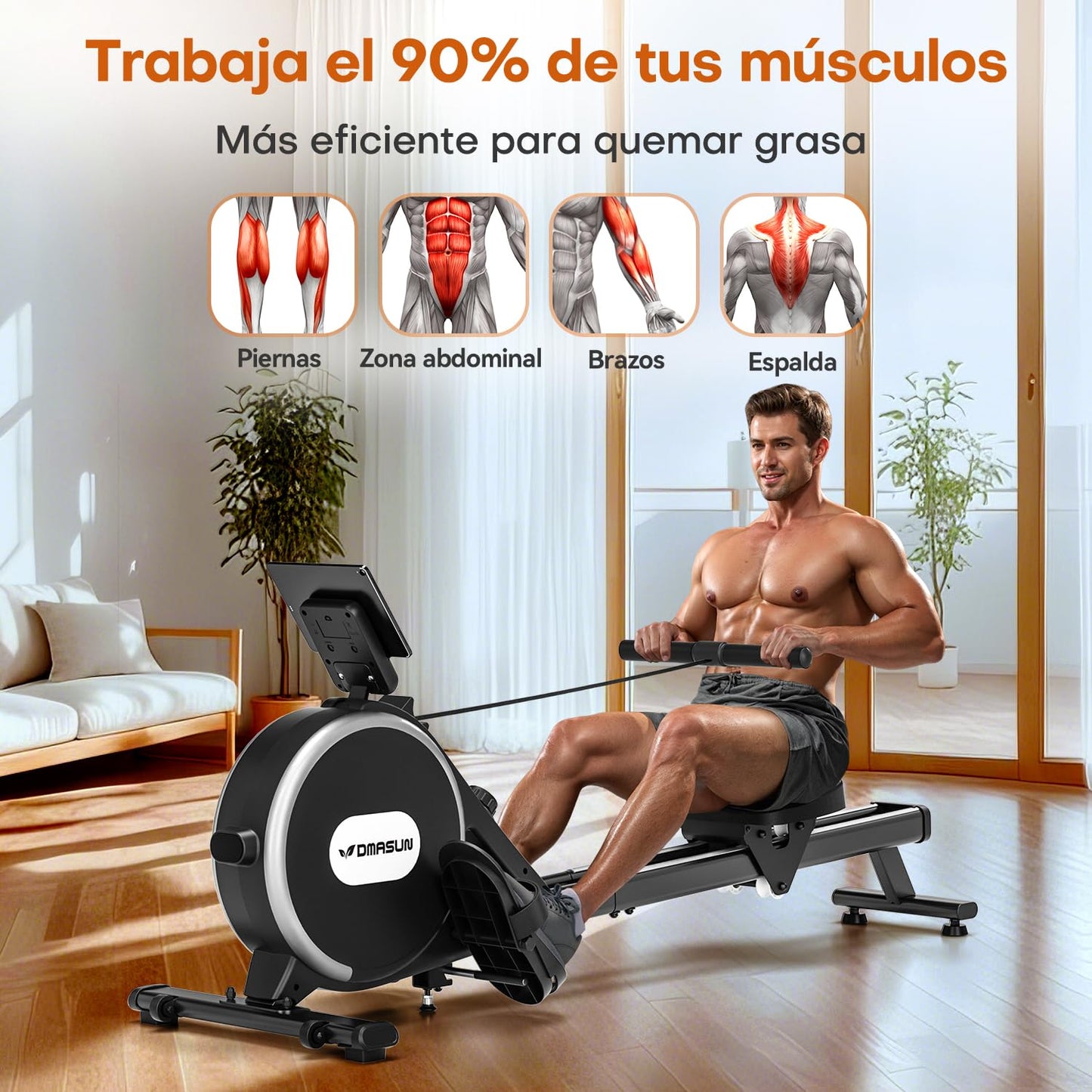 DMASUN Máquina de remo magnética, 16 niveles de resistencia, máquina de remo profesional para casa, dobles guías correderas de aleación mejoradas, compatibles con APP y capacidad de carga máxima de