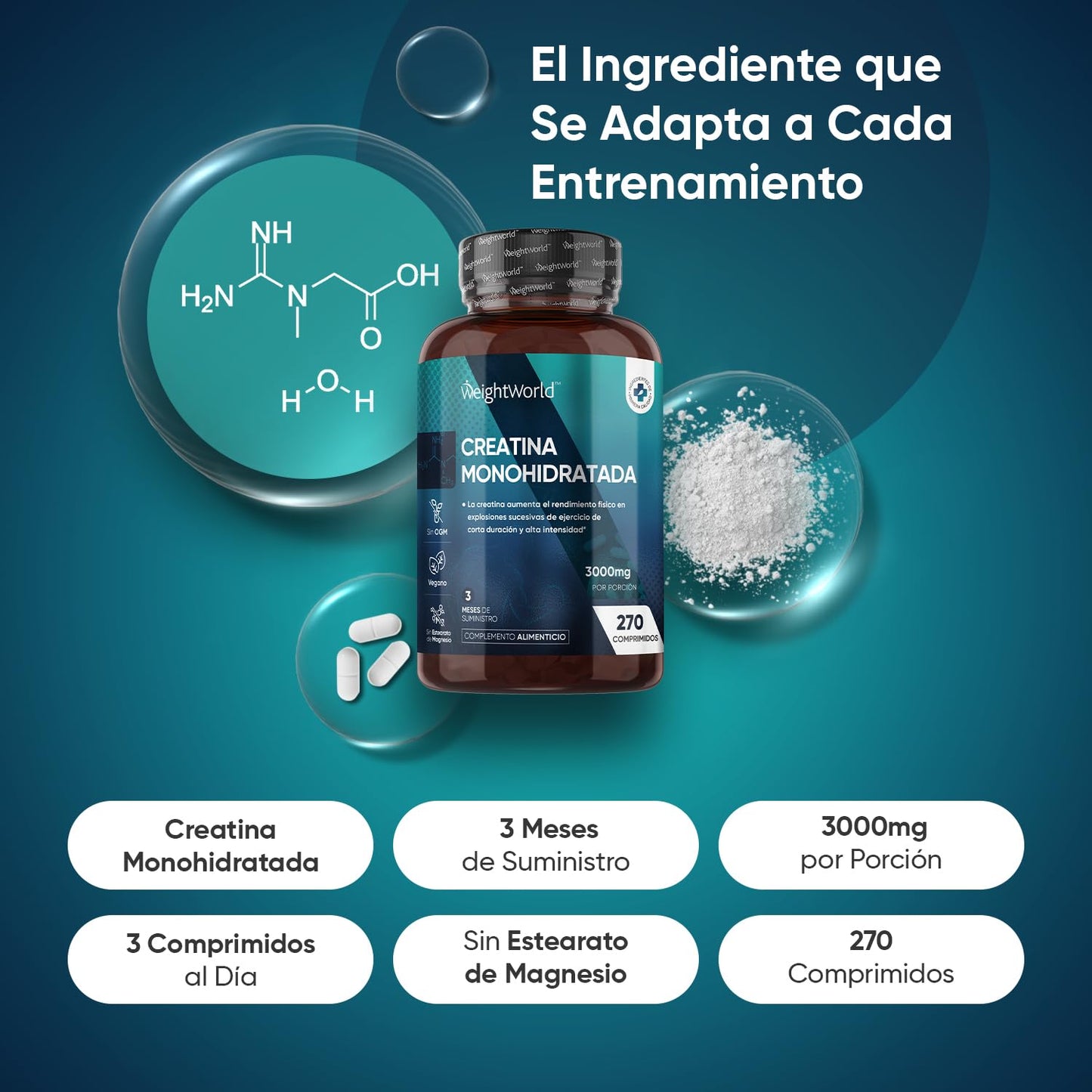 Creatina Monohidratada 3000mg, 270 Comprimidos, 3 Meses de Suministro - Suplemento Deportivo Apto para Veganos, 3 Comprimidos al Día, Sin OGM ni Estearato de Magnesio