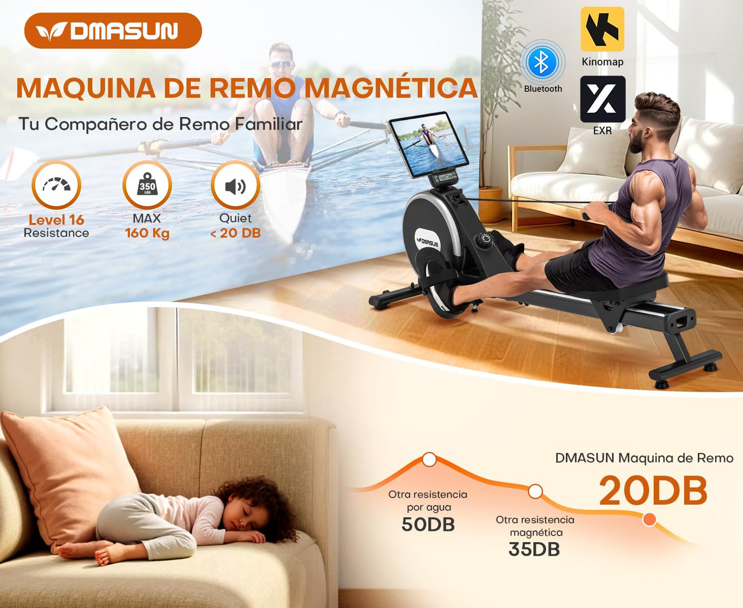 DMASUN Máquina de remo magnética, 16 niveles de resistencia, máquina de remo profesional para casa, dobles guías correderas de aleación mejoradas, compatibles con APP y capacidad de carga máxima de
