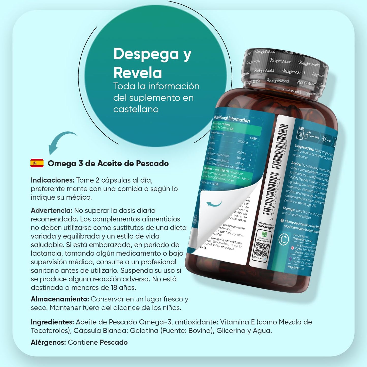 Omega 3 2000mg - 240 Perlas de Aceite de Pescado (660mg EPA + 440mg DHA) - Ácidos Grasos de Omega 3 para 4 Meses, Sin OGM