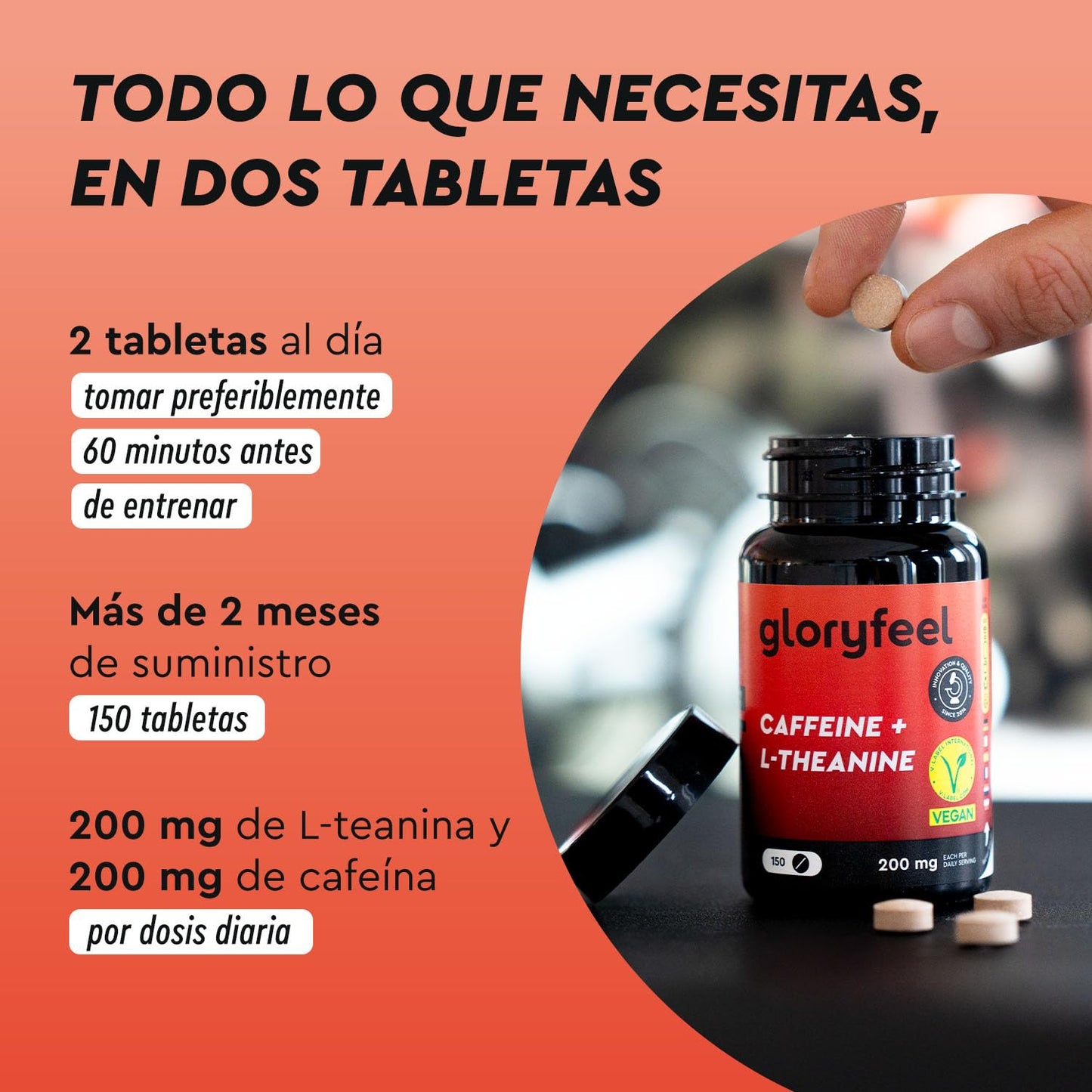 L-Teanina + Cafeína en Altas Dosis - 150 Tabletas con 200mg de Cafeína y 200mg de L Teanina de extracto de Té Verde por dosis diaria - 100% vegano y probado en laboratorio