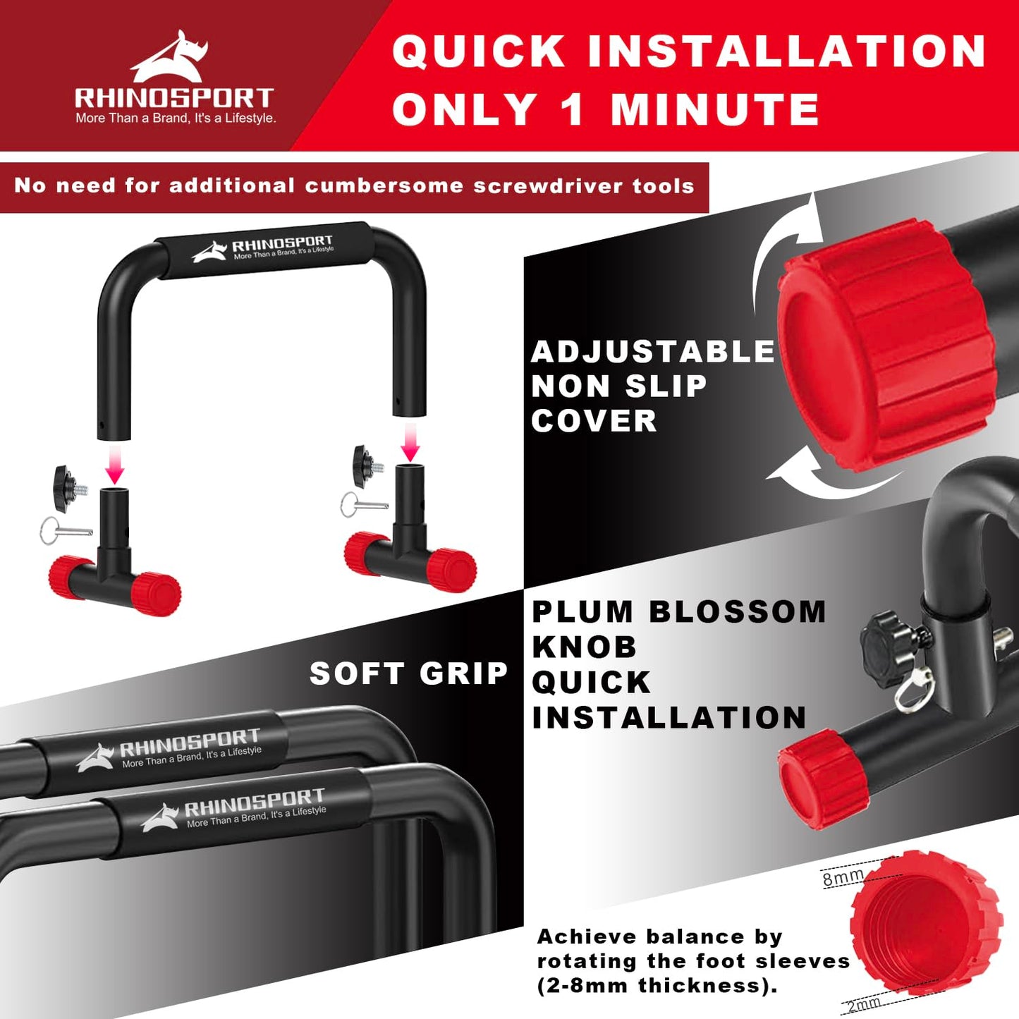 RHINOSPORT Barras parallettes para calistenia de inmersión, equipo de calistenia, 10.2 pulgadas de alto, 300 kg, capacidad de peso, entrenamiento de fuerza, entrenamiento de gimnasio en casa [19.6 x