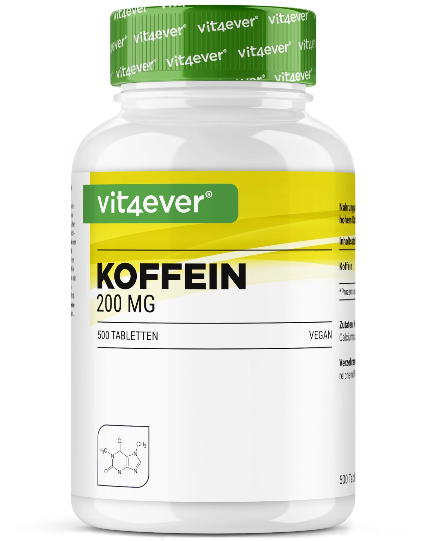 Comprimidos de cafeína con 200 mg cada uno - 500 comprimidos - Sin aditivos no deseados - Altamente dosificado - Vegano