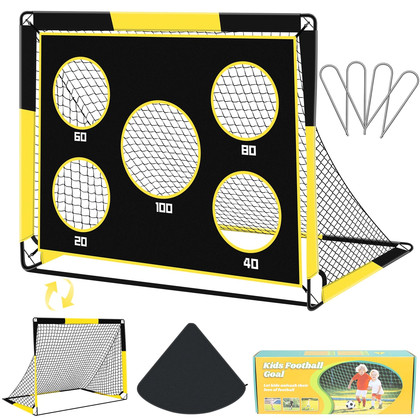Gofady Portería de Fútbol para Niños, 2 en 1 Pop Up Porterías de Fútbol con 5 Objetivos y Bolsa de Transporte, Equipos de Entrenamiento de Fútbol Interior y Exterior(1.2M/1.5M) (Amarillo, 120 * 90CM)