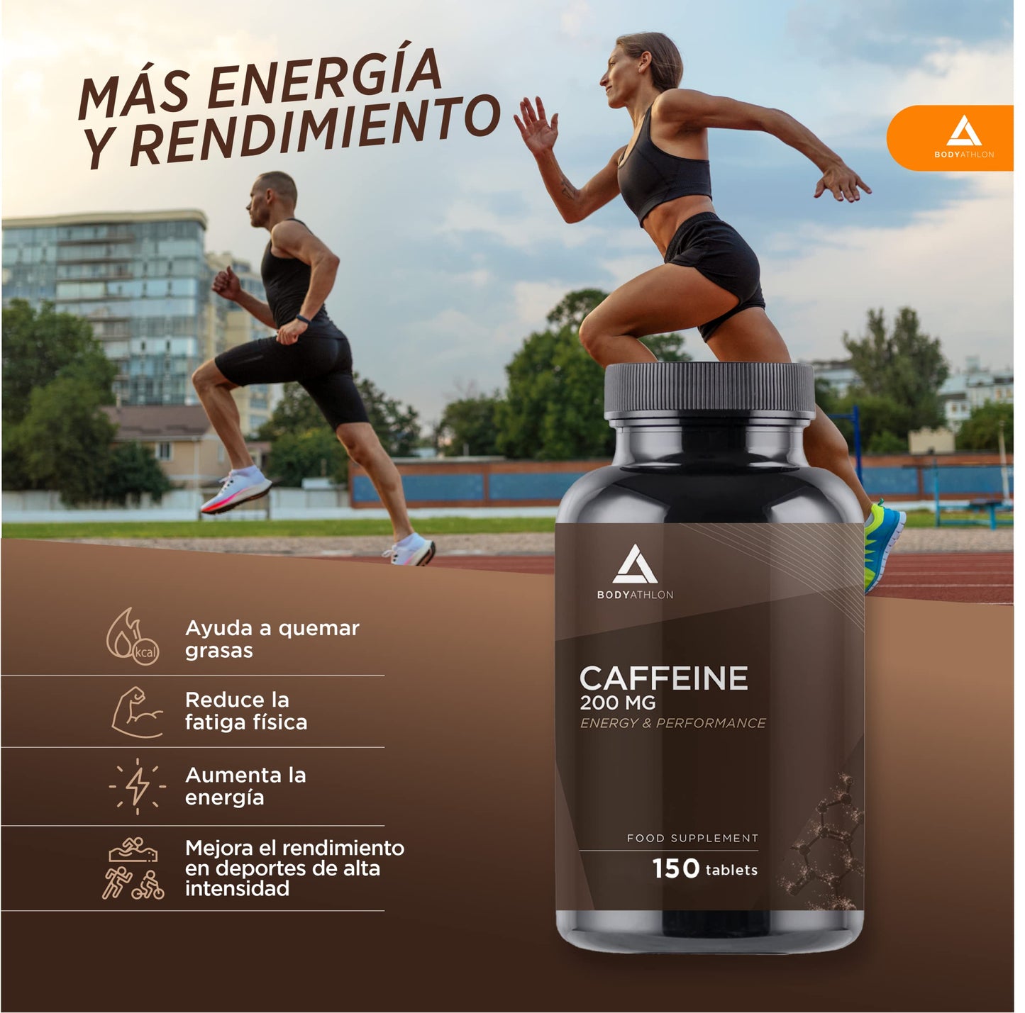 Bodyathlon- Cafeína pura 200mg -150 días- Cafeïna anhidra- Energía y Concentración- Aumenta tu resistencia- Alta dosis- 150 comprimidos- Mejora tu rendimiento Deportivo