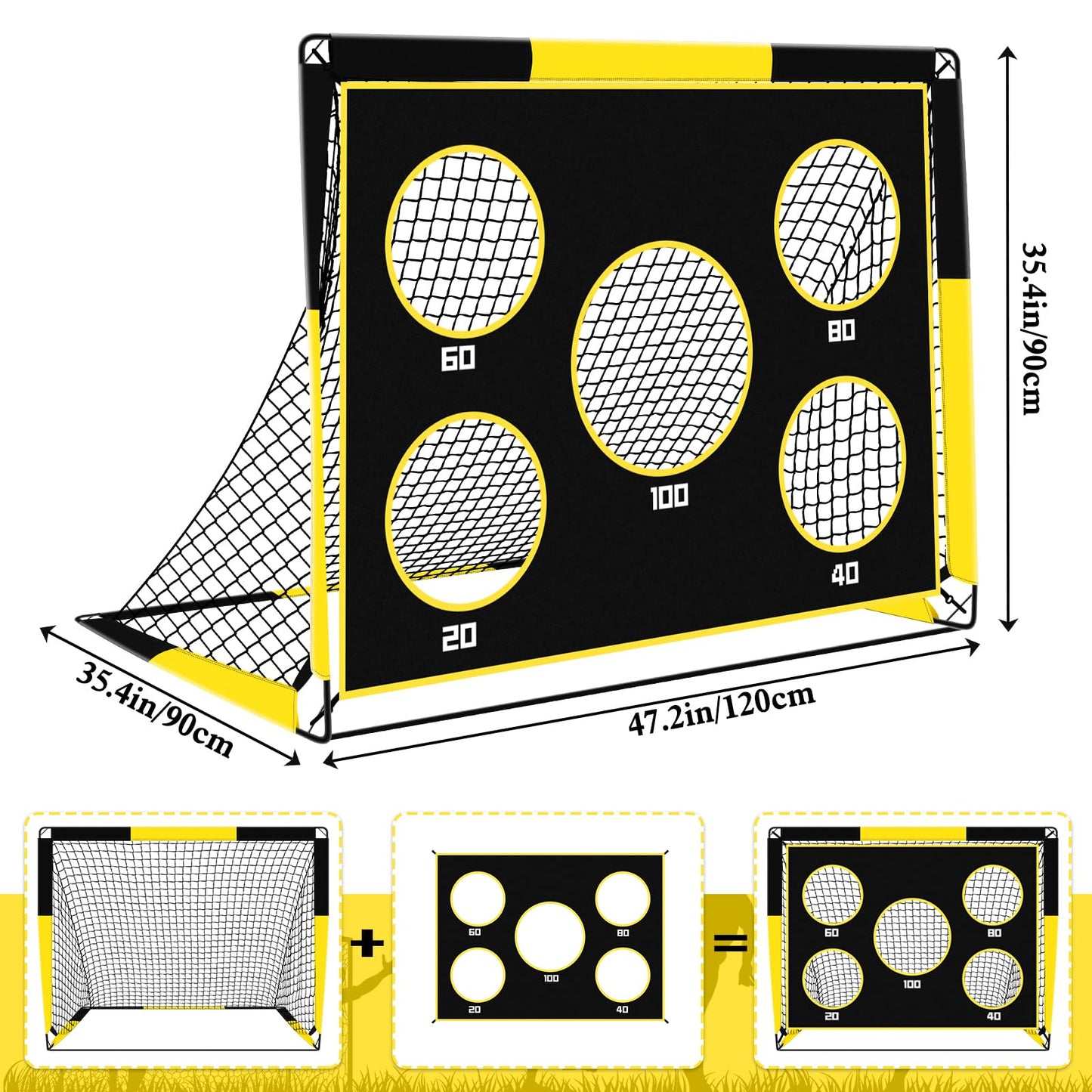 Gofady Portería de Fútbol para Niños, 2 en 1 Pop Up Porterías de Fútbol con 5 Objetivos y Bolsa de Transporte, Equipos de Entrenamiento de Fútbol Interior y Exterior(1.2M/1.5M) (Amarillo, 120 * 90CM)