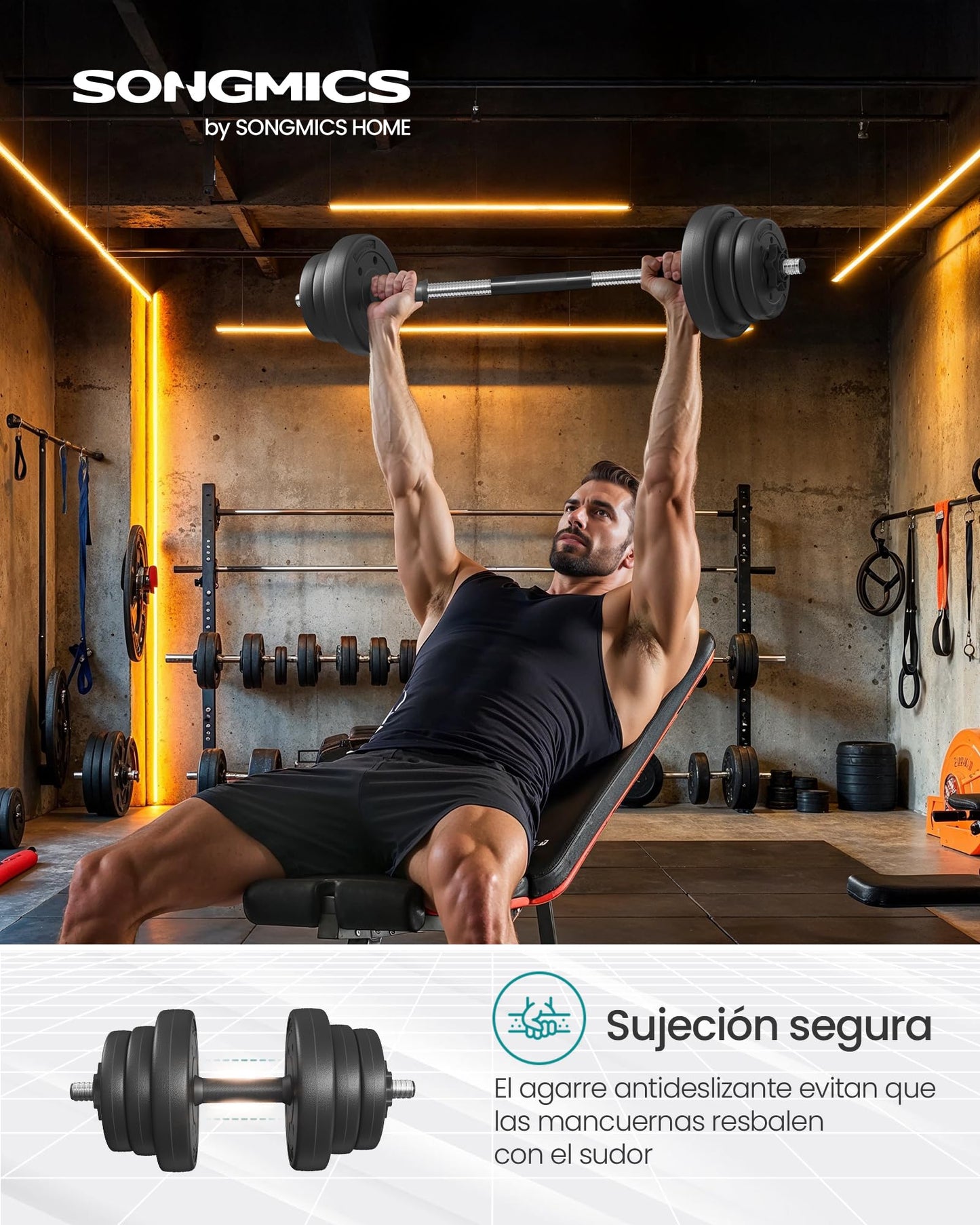 SONGMICS Juego de Mancuernas 2 en 1, Mancuernas Ajustables de 2 x 10 kg, con Barra Adicional, Placas de Peso Recubiertas de Plástico, Entrenamiento de Fitness, Gimnasio de Casa, Negro Tinta SYL20HBK