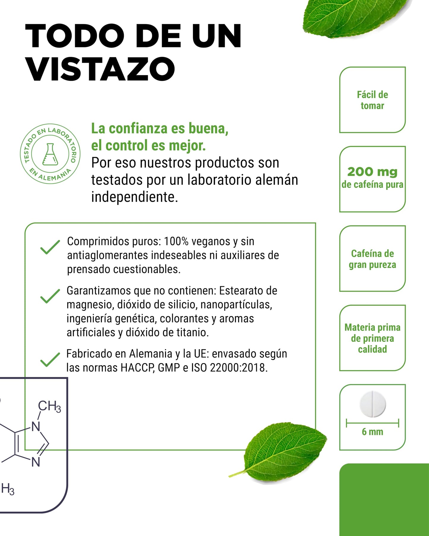 Comprimidos de cafeína con 200 mg cada uno - 500 comprimidos - Sin aditivos no deseados - Altamente dosificado - Vegano