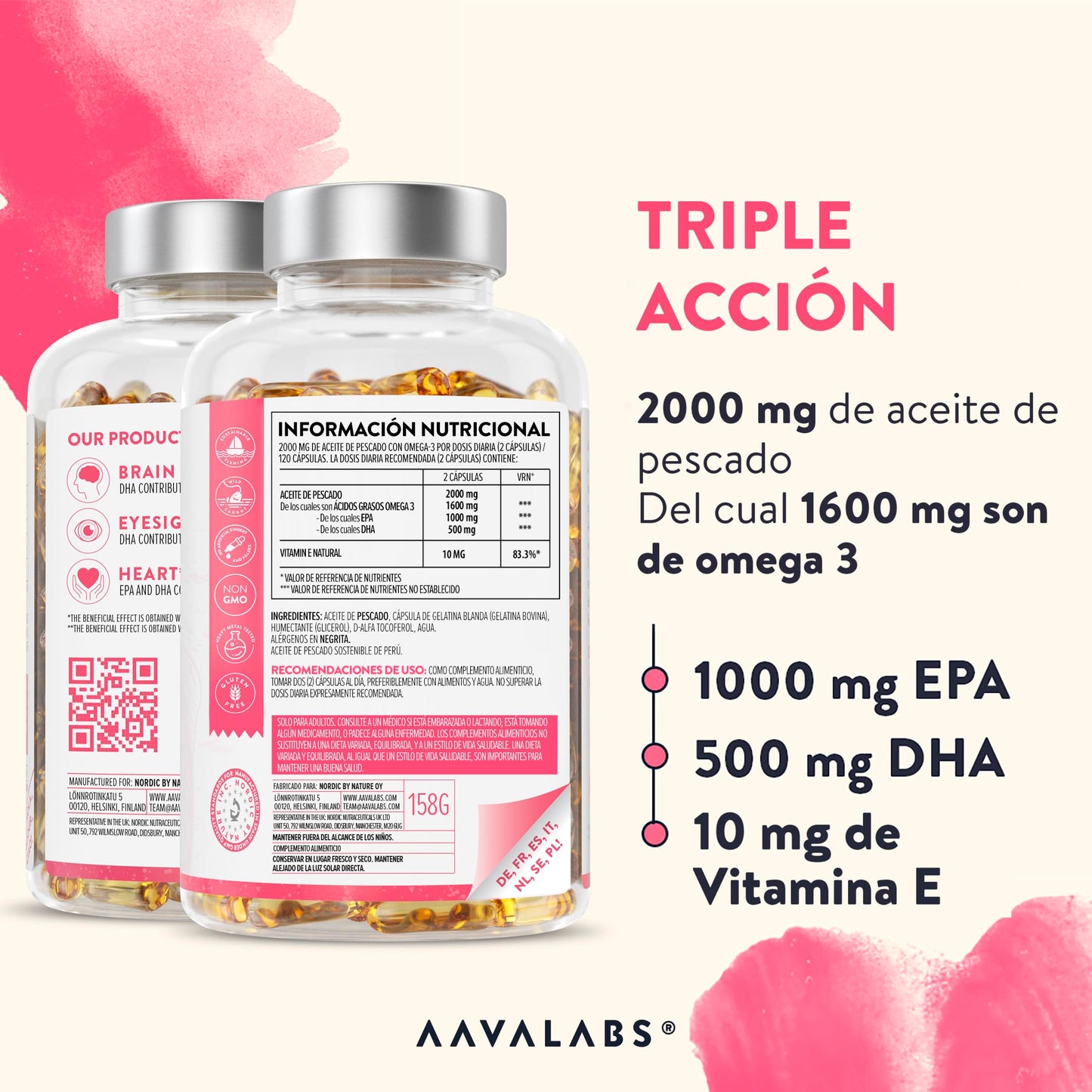AAVALABS Omega 3 2000mg por dosis diaria (2 cápsulas) - 1000mg de EPA + 500mg de DHA - Ácidos Grasos de Alta Potencia - Destilado Molecularmente - 120 Cápsulas - 60 días de suministro