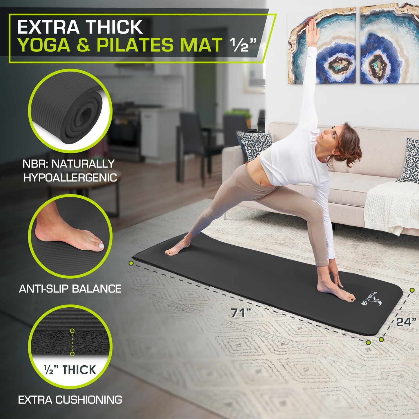 ProsourceFit ps-2004-mat-black-ffp Esterilla Extra Gruesa para Yoga y Pilates de 1,27 cm, Unisex Adulto, Black, 1/2"