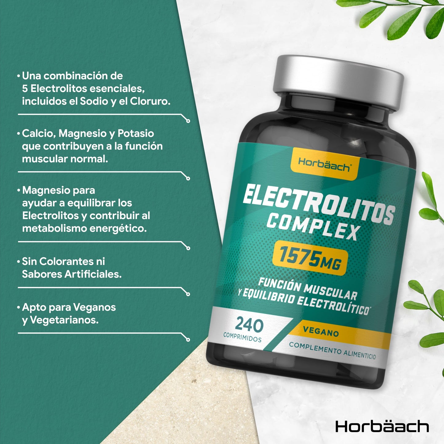 Electrolitos Keto Sin Azúcar 1575mg | 240 Comprimidos Veganos | con Calcio, Potasio, Magnesio y Sodio que aportan sales minerales | de Horbaach