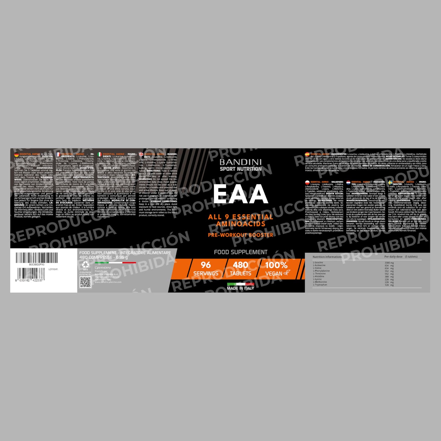 Bandini® EAA Aminoácidos Esenciales 480 TABLETAS - Con 9 Essential Amino Acids - Pre, intra y Post Entrenamiento - Complemento alimenticio para el deporte - Comprimidos - 96 Dosis - Vegan, sin azúcar