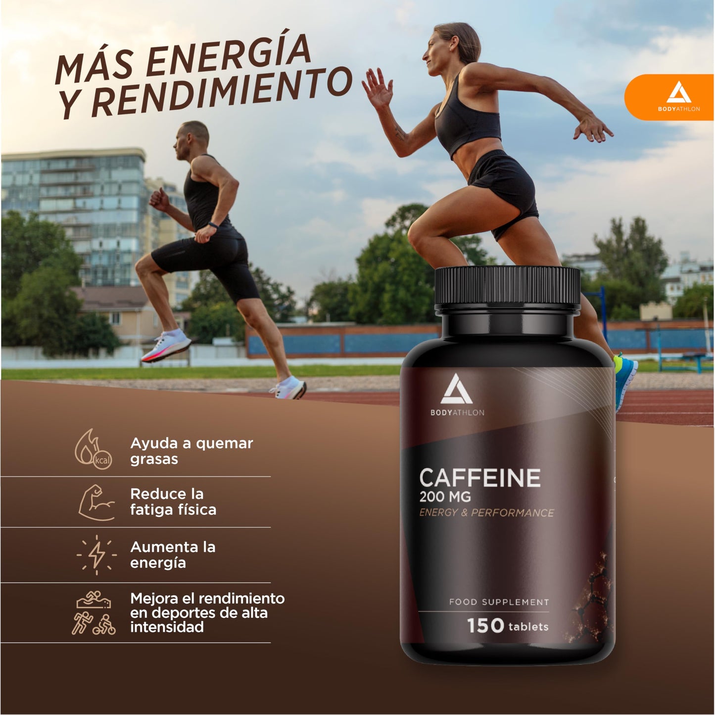 Bodyathlon- Cafeína pura 200mg -150 días- Cafeïna anhidra- Energía y Concentración- Aumenta tu resistencia- Alta dosis- 150 comprimidos- Mejora tu rendimiento Deportivo