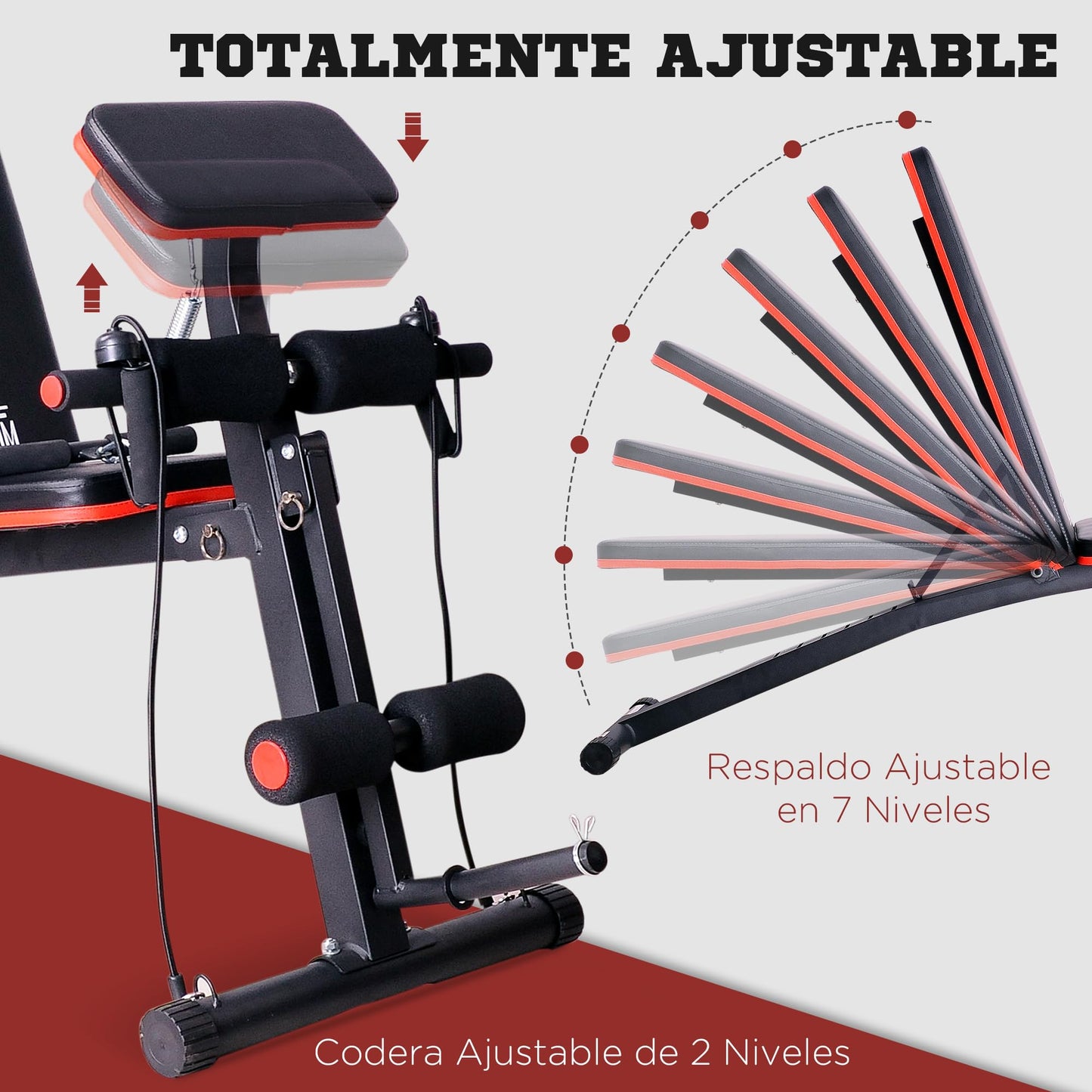 HOMCOM Banco de Pesas Banco de Musculación Respaldo Inclinable de 7 Niveles y Extensión de Pierna Cojín de Predicador y Banda de Resistencia para Entrenamiento Completo Gimnasia en Casa