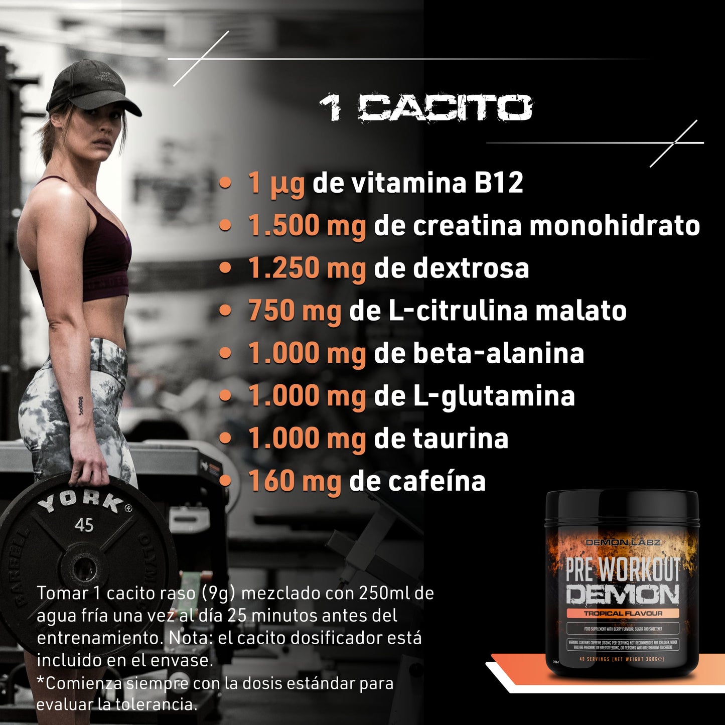 Pre Workout Demon – Pre Entreno en Polvo con Creatina, Cafeína y Aminoácidos – Sabor Tropical – 40 Raciones