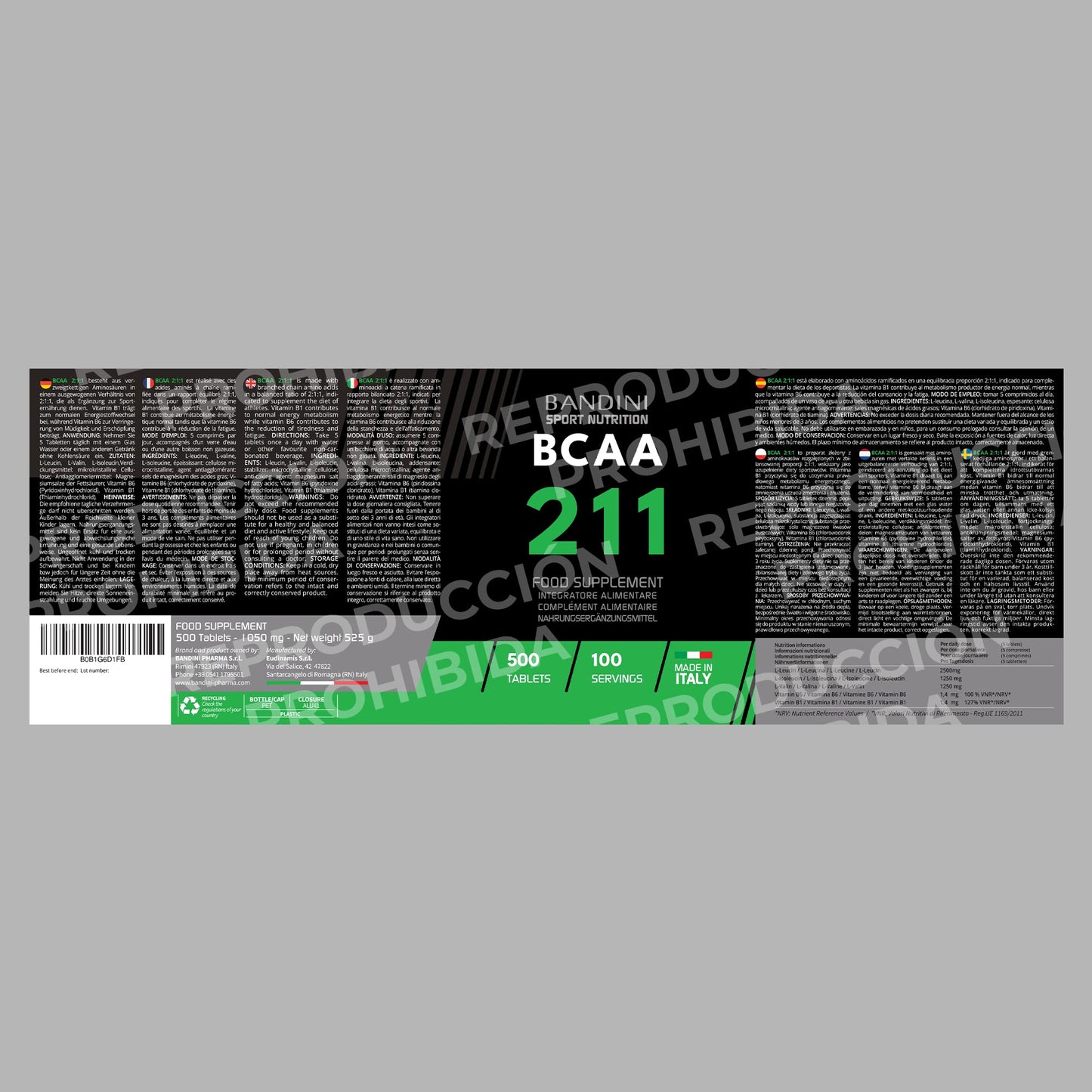 Bandini® BCAA 2 1 1 500 Comprimidos - Aminoácidos Ramificados 2.1.1 - L-Leucina, L-Isoleucina, L-Valina con Vitamina B1 y B6 - Complemento Alimenticio 2:1:1 Pre y Post Entrenamiento - 100% Vegano