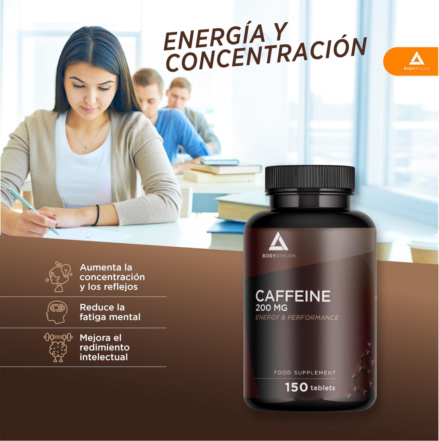 Bodyathlon- Cafeína pura 200mg -150 días- Cafeïna anhidra- Energía y Concentración- Aumenta tu resistencia- Alta dosis- 150 comprimidos- Mejora tu rendimiento Deportivo