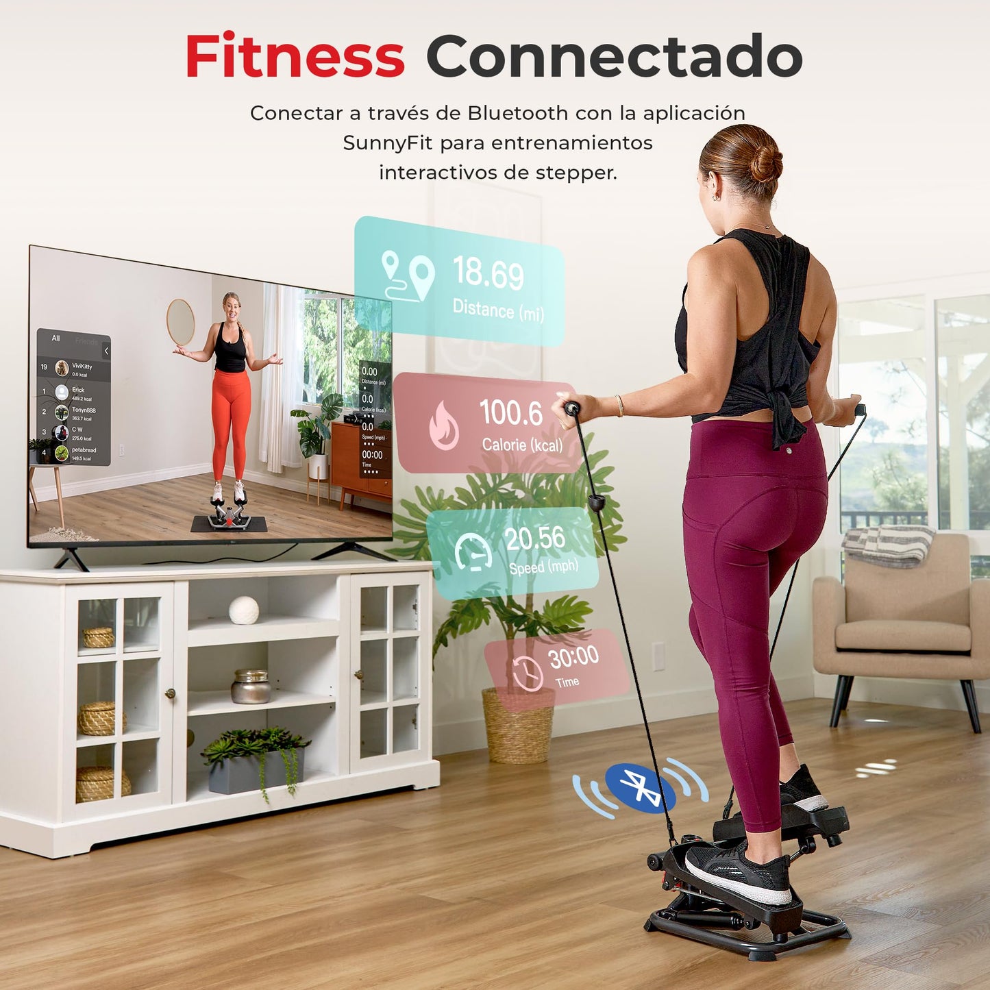 Sunny Health & Fitness - Stepper Inteligente para el hogar, de bajo Impacto y con Bandas de Resistencia - SF-S0978SMART