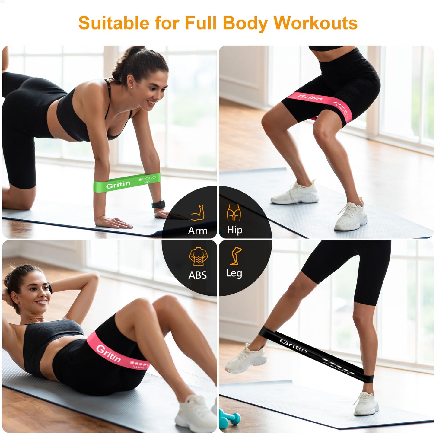 Gritin Bandas Elásticas Fitness/Bandas de Resistencia, Set de 5 Cintas Elásticas Fitness y Musculación de Látex Agradable a la Piel con Guía de Ejercicios de Español