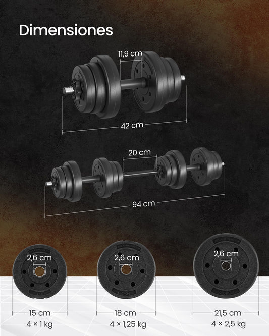 SONGMICS Juego de Mancuernas 2 en 1, Mancuernas Ajustables de 2 x 10 kg, con Barra Adicional, Placas de Peso Recubiertas de Plástico, Entrenamiento de Fitness, Gimnasio de Casa, Negro Tinta SYL20HBK